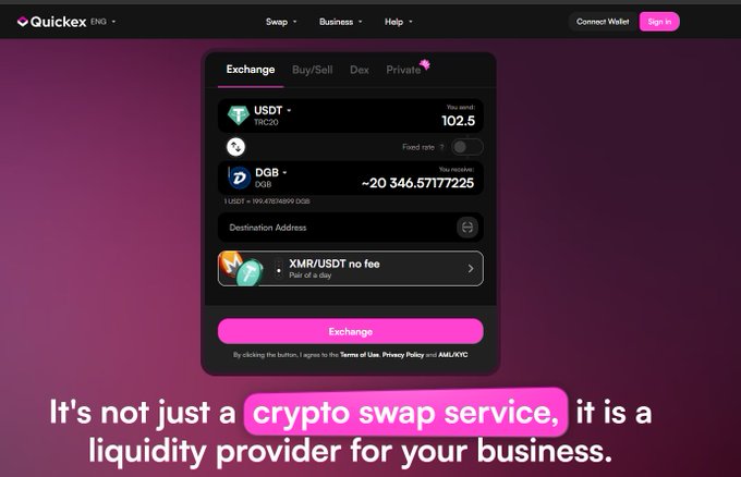 A screenshot of the Quickex website showing a crypto exchange interface, with text reading 'USDT TRC20', 'DGB DGB', and 'XMR/USDT no fee', plus the tagline 'It's not just a crypto swap service, it is a liquidity provider for your business.'