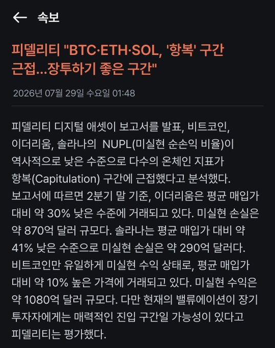 A screenshot of a Korean-language news article from July 29, 2026, with a headline mentioning 'BTC·ETH·SOL' and discussing a 'capitulation' period for major coin indicators including NUPL.