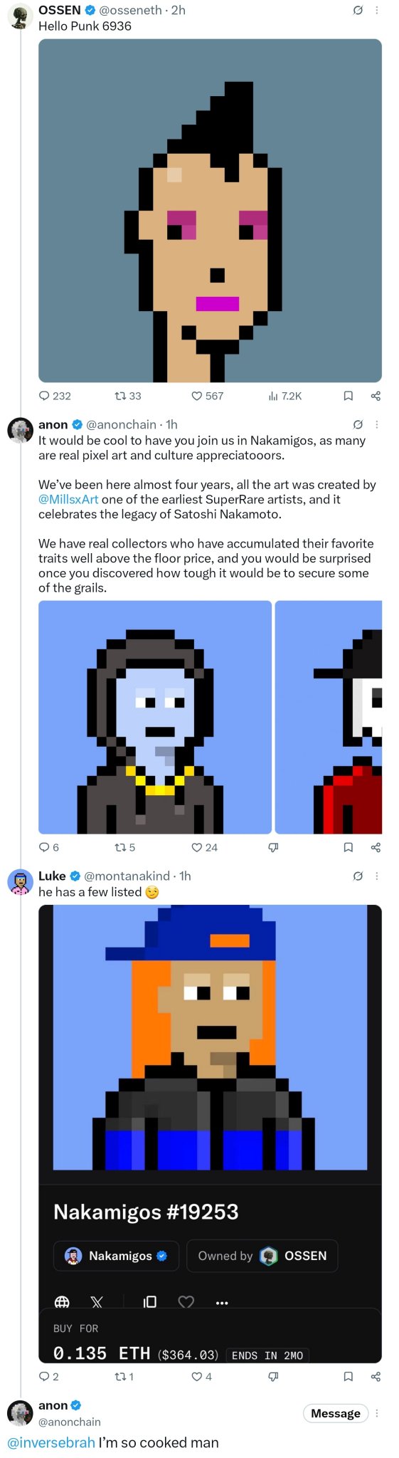 A Twitter/X thread featuring pixel art NFTs from the Nakamigos collection, including posts by OSSEN ('Hello Punk 6936'), @anonchain inviting users to join Nakamigos, and @montanakind showing 'Nakamigos #19253' listed for 0.135 ETH ($364.03).
