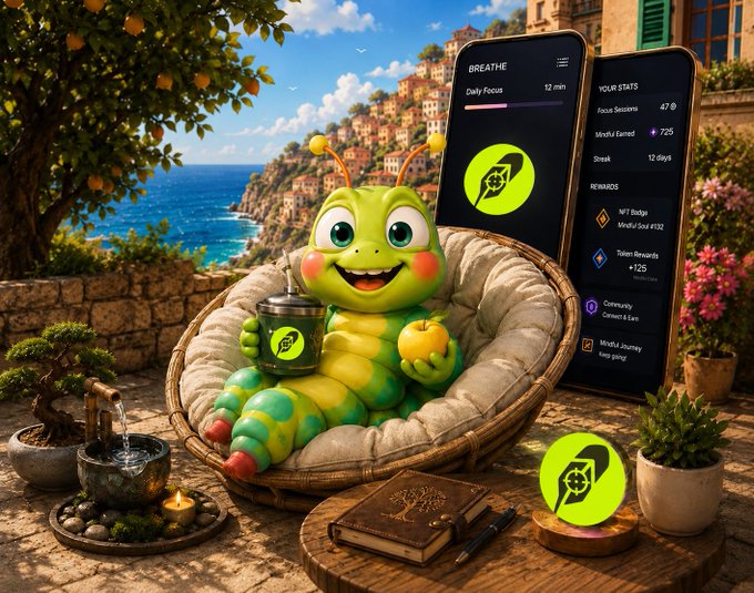 A cheerful green caterpillar character sitting in a cushioned basket chair on a Mediterranean cliffside terrace, holding a branded cup and an apple, with two phone screens displaying the 'BREATHE' focus/mindfulness app showing daily stats, focus sessions, and rewards.