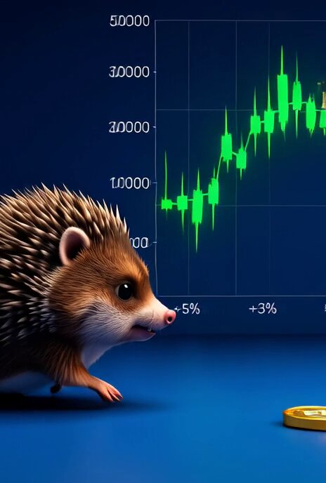 The image features a cartoon hedgehog standing next to an upside-down graph of stock prices, with green bars representing the fluctuations within each market segment. The hedgehog appears intrigued by the graph, suggesting curiosity or interest in the financial aspects displayed.