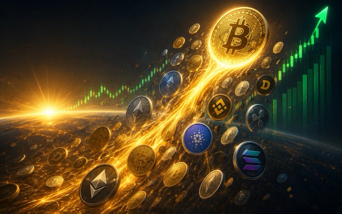 A digital illustration depicts a stream of golden cryptocurrency coins, including Bitcoin and Ethereum, pouring over a planet's surface with a green ascending trading chart and an upward arrow in the background.