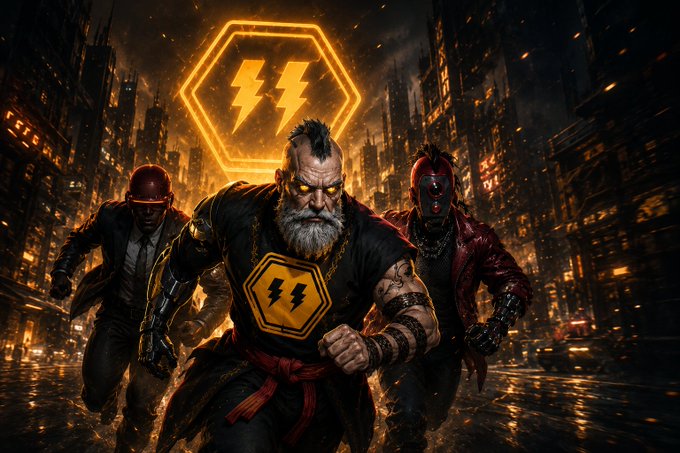 A trio of battle-hardened warriors charges forward through a burning, dystopian cityscape, led by a fierce gray-bearded fighter beneath a glowing hexagonal emblem bearing a double lightning bolt. The image reinforces the post's message of resilience and perseverance, symbolizing Artyfact's strength and determination to keep building through market challenges since 2022.