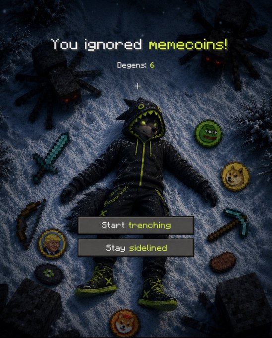 A dark, snow-covered scene from a game featuring a wolf-like character in a black and yellow outfit lying on the ground, surrounded by pixel art items, with text reading "You ignored memecoins! Degens: 6" and buttons labeled "Start trenching" and "Stay sidelined".