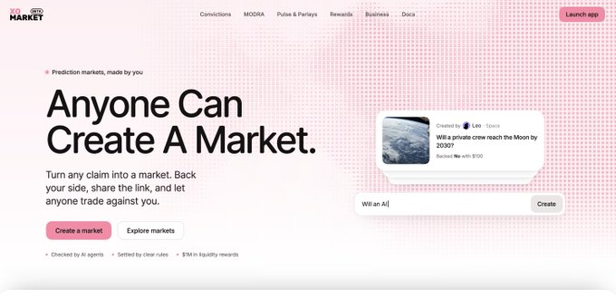 The image shows XO Market's homepage with the headline "Anyone Can Create A Market" and a subtitle "Prediction markets, made by you." It features an example market titled "Will a private crew reach the Moon by 2030?" ranked No. 9, along with "Create a market" and "Explore markets" buttons, illustrating the platform's key feature of letting any user create prediction markets starting with $10—as highlighted in the accompanying post.