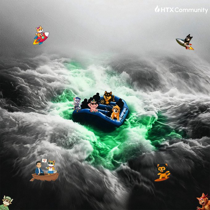 The image, branded with "HTX Community," shows cartoon dog characters (including Shiba Inus) riding various vessels—a rocket, a surfboard, an inflatable raft, and a small boat—navigating through stormy waves with a striking green glow emerging from the troughs, symbolizing market volatility.

The visual reinforces the post's metaphor of markets moving in waves, with the characters' adventurous journey through turbulent waters echoing the message of facing every challenge with confidence, as the green light hints at a potential bounce back from the dips.