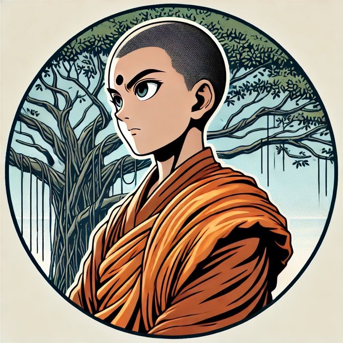 An illustration of a young monk with a shaved head, wearing orange robes, standing before a large tree in a circular framed artwork.