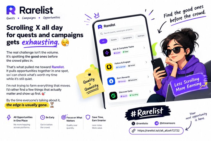Promotional graphic for 'Rarelist' featuring the tagline 'Find the good ones before the crowd' and a mockup of a smartphone app showing quests and campaigns, alongside an illustrated character on a phone.