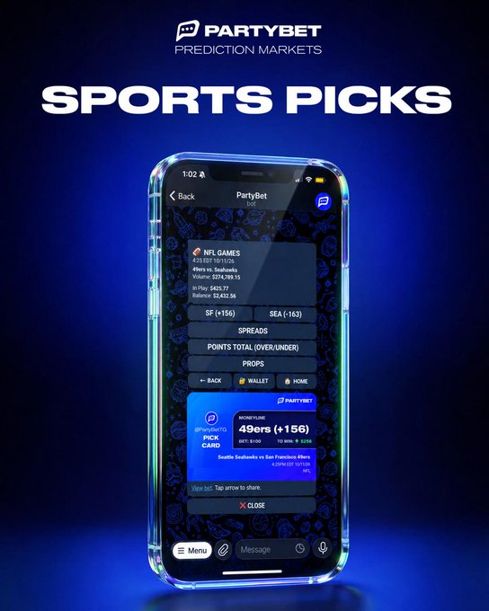 The image showcases a promotional graphic for PartyBet Prediction Markets featuring a smartphone displaying a "SPORTS PICKS" interface within a Telegram chat, where an SF (+156) vs SEA (-163) NFL game pick is highlighted with a $425 prize pool, $274,788.15 volume, and 4,258 holders visible on-screen.