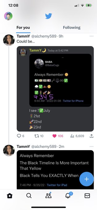 Screenshot of Twitter posts by user @alchemy589 (TammY) sharing 'Always Remember' themed tweets, with one quoting a BABA post referencing dates 7/21, 22nd, and 23rd, and another reading 'The Black Timeline Is More Important That Yellow. Black Tells You EXACTLY When'.