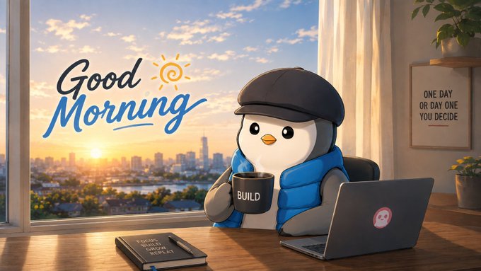 A cartoon penguin wearing a black cap and blue vest sitting at a desk with a laptop and a coffee mug labeled 'BUILD', looking out a window at a sunrise cityscape with 'Good Morning' text in the sky and a framed sign reading 'ONE DAY OR DAY ONE YOU DECIDE'.
