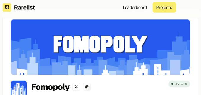 A Rarelist page displays a large blue “FOMOPOLY” banner with a city skyline, plus navigation text “Leaderboard” and “Projects.”