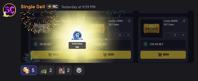 A screenshot shows RLT Cases and Rollertokens for sale, ranging from 29.99 RLT to 129.99 RLT, aligning with the post's dream of scoring big with RLT.