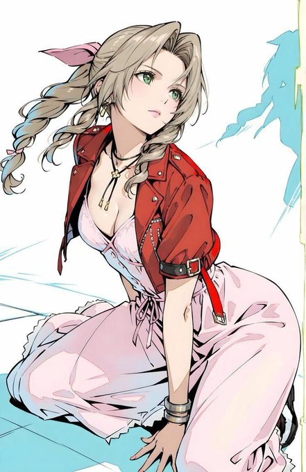 An anime-style illustration of a young woman in a red jacket over a white dress, kneeling with braided hair and a pink ribbon.