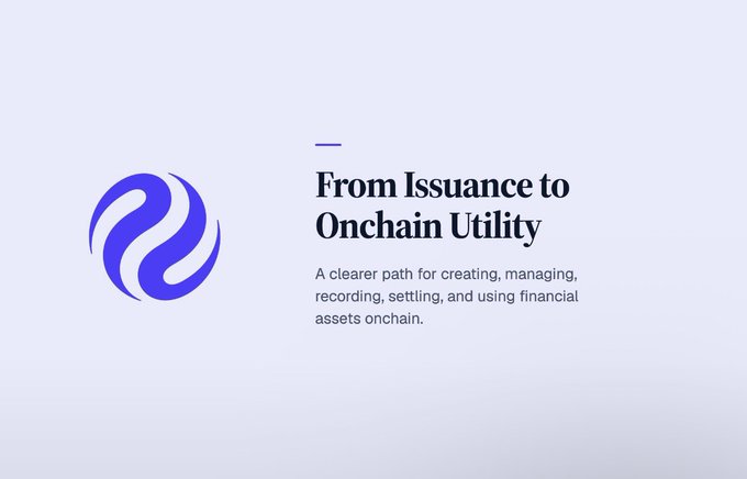 A minimalist slide featuring a blue swirling logo alongside the headline "From Issuance to Onchain Utility" and the subtitle "A clearer path for creating, managing, recording, settling, and using financial assets onchain." The image reinforces the post's message about unifying fragmented financial processes onto a single blockchain, highlighting Injective's approach to streamlining asset lifecycles.