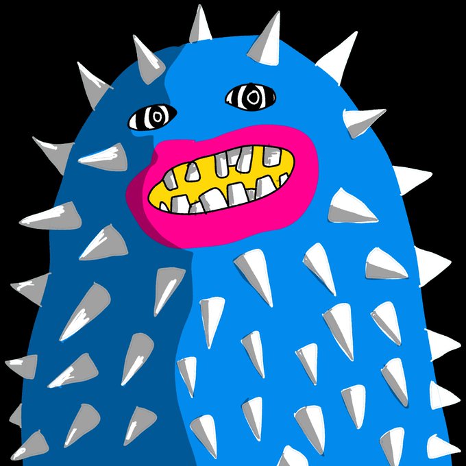 A cartoon illustration of a blue, rounded creature covered in white spikes with a wide pink-lipped, toothy grin and small eyes against a black background.