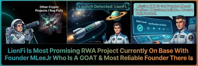 A three-panel promotional graphic declares 'LienFi Is Most Promising RWA Project Currently On Base With Founder MLeeJr Who Is A GOAT & Most Reliable Founder There Is', showing cartoon astronauts.