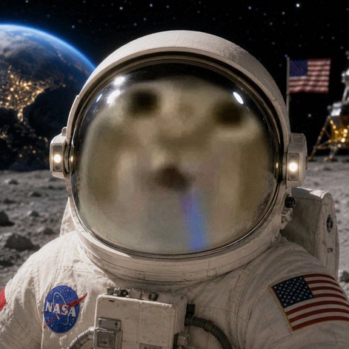 An astronaut in a NASA spacesuit with an American flag patch stands on the moon, with Earth visible in the background; the astronaut's face is replaced by a distorted, shocked-looking cat meme.