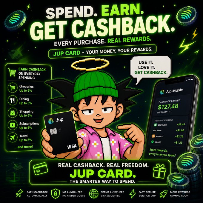 Promotional graphic for the Jup Card featuring a cartoon character with a halo, advertising cashback rewards on groceries, dining, shopping, subscriptions, and travel, with the tagline 'SPEND. EARN. GET CASHBACK.'