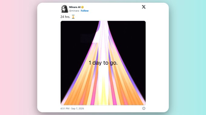 A screenshot of a post by Minara AI (@minara) showing a countdown image with the text "1 day to go." featuring colorful triangular shapes, posted 24 hours prior on September 7, 2026.