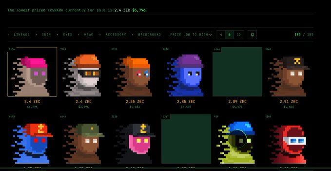 A digital marketplace interface selling pixel-art 'zKSHARK' avatars priced in ZEC and USD, featuring various colorful character designs with different accessories.