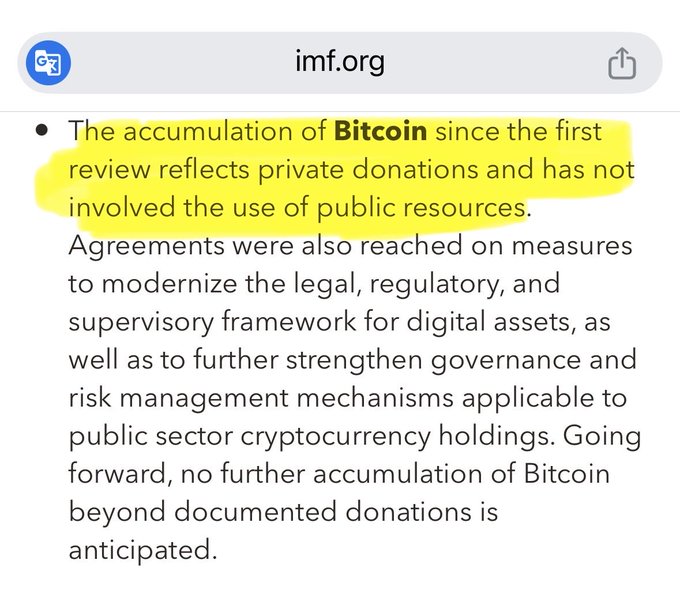 A screenshot from imf.org highlights a passage noting that the country's Bitcoin holdings since the first review reflect private donations and did not involve public resources, aligning with the IMF's statement that El Salvador's recent Bitcoin accumulation was funded entirely through private contributions.