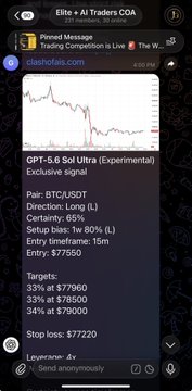A mobile screenshot of a Telegram channel named 'Elite + AI Traders COA' showing a long signal for 'GPT-5.0 Sol Ultra' on a BTC/USDT chart, with targets and stop loss listed.