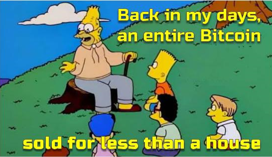 A Simpsons meme shows Grandpa Abe telling the kids, “Back in my days, an entire Bitcoin sold for less than a house,” contrasting early Bitcoin’s low price with its later value. It reinforces the post’s message, “Secure your future. Stack Bitcoin!”, by promoting Bitcoin as a long-term investment.