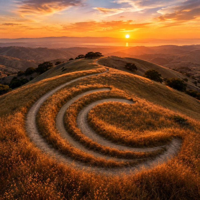 A scenic landscape photograph of a circular labyrinth carved into a grassy hillside, with rolling hills and a vibrant orange sunset in the background.