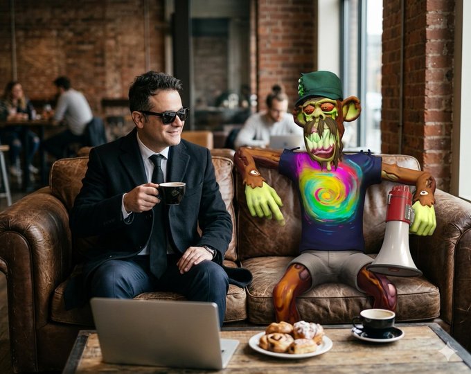 The image features a man sitting on a couch with his laptop open next to him. A large, colorful, and creepy-looking monster sculpture is placed behind him, holding a megaphone as if giving a speech or announcement. The scene also includes various food items such as donuts and coffee cups scattered around the room. The post seems to be promoting a social media account called "@BoredApeYC" that features a character named "Mutant soul".