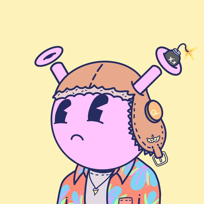 A cartoon illustration of a pink character with a halo and a bomb-shaped hair accessory, wearing a floral shirt and a necklace with a triangle pendant.