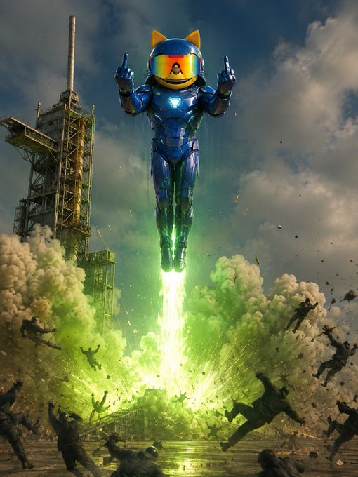 A character with a cat-ear helmet and VR goggles wearing blue armor, rocket-boosting into the sky with green exhaust as people are blown away below.