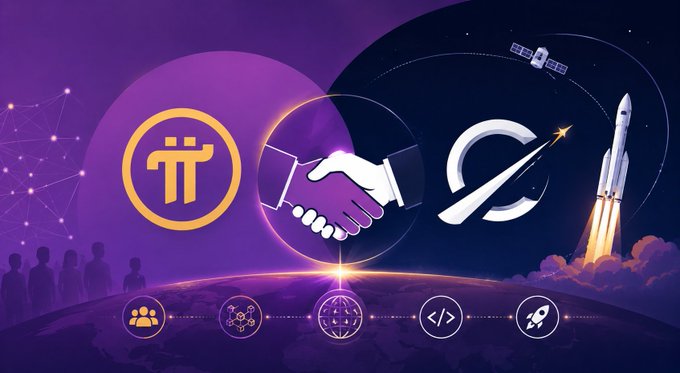 A digital illustration depicting a partnership between Pi Network (π) and Stellar blockchain, symbolized by a handshake between their logos with a rocket launching in the background and icons for community, AI, coding, and tokens below.