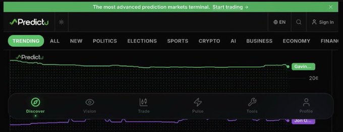 The image shows the PredictU prediction markets terminal interface with trending categories like POLITICS, ELECTIONS, SPORTS, and CRYPTO, featuring navigation tabs for Discover, Vision, Trade, Pulse, Tools, and Profile. The post about World Cup predictions aligns with the image by highlighting how the platform's "X tracker" for sentiment analysis and analytics tools can help users capitalize on sports prediction markets like World Cup matches.