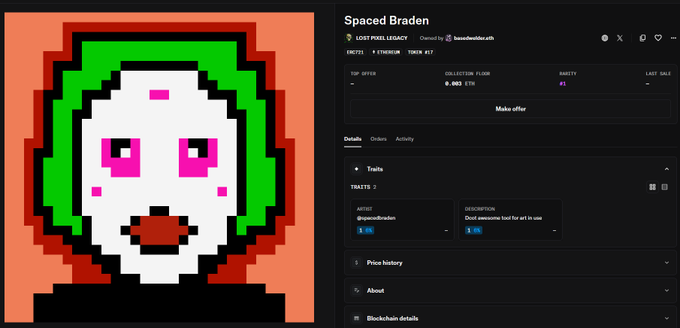 A screenshot of an NFT marketplace listing for 'Spaced Braden' by samuelonbc.eth, showing a pixel-art clown face with green hair and a red nose, with a top offer of 0.002 ETH and a floor price of 0.36 ETH.