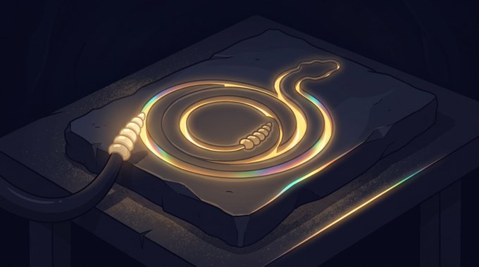 A glowing, coiled rope or cable resting on a dark stone slab, emitting warm orange, yellow, and iridescent light in a dimly lit space.