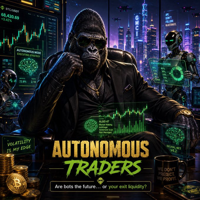 A promotional image titled 'AUTONOMOUS TRADERS' featuring a gorilla in sunglasses sitting in front of crypto trading screens, with the tagline 'Are bots the future… or your exit liquidity?' and displaying BTC/USDT prices and AI-powered trading features.