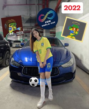 In an underground parking lot, a woman wearing a yellow #10 Brazil jersey and soccer socks poses with a soccer ball in front of a blue Tesla, surrounded by World Cup-themed graphics including "2022" and "10K World Cup" logos—capturing her enthusiastic fan moment during the 2022 World Cup era.