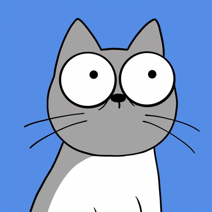 A cartoon illustration of a gray and white cat with wide, surprised eyes and prominent whiskers against a solid blue background.