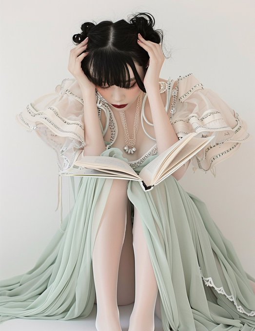 A young woman in an elegant mint green gown with ruffled sleeves and pearl jewelry sits reading an open book, her head bowed and hands lifted to her hair in a contemplative pose, embodying a romantic, ethereal aesthetic that pairs perfectly with the prompt's call to share Reading art.