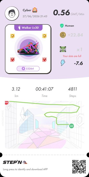 A STEP'N app screenshot shows a user named "Cyber" earning 0.56 GMT/Min with a Lv30 Walker sneaker, having walked 3.12 km over 41 minutes for 4811 steps and +22.84 GMT. The display reflects the post's mention of a good GMT earning rate during a walking session, while noting that all sneaker slots are full, suggesting the user may be planning to burn additional sneakers for energy to upgrade.