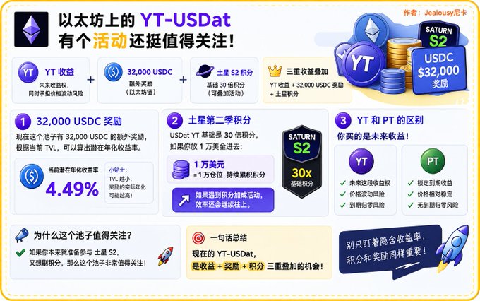 A promotional graphic in Chinese for 'YT-USDat' on Ethereum, offering rewards of 32,000 USDC and Saturn S2 points, with a high APY of 4.49%.