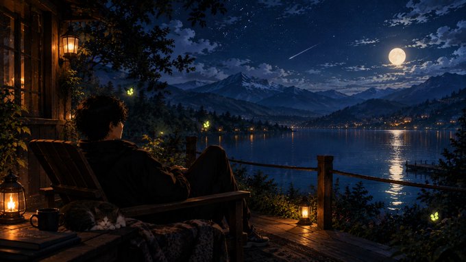 A person relaxes on a wooden deck at night overlooking a moonlit lake and distant mountains, with a cat sleeping nearby and lanterns casting a warm glow.