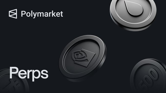 A promotional banner for 'Polymarket Perps' featuring the Polymarket logo and 3D renderings of black coin-like tokens with shield and droplet emblems on a dark background.