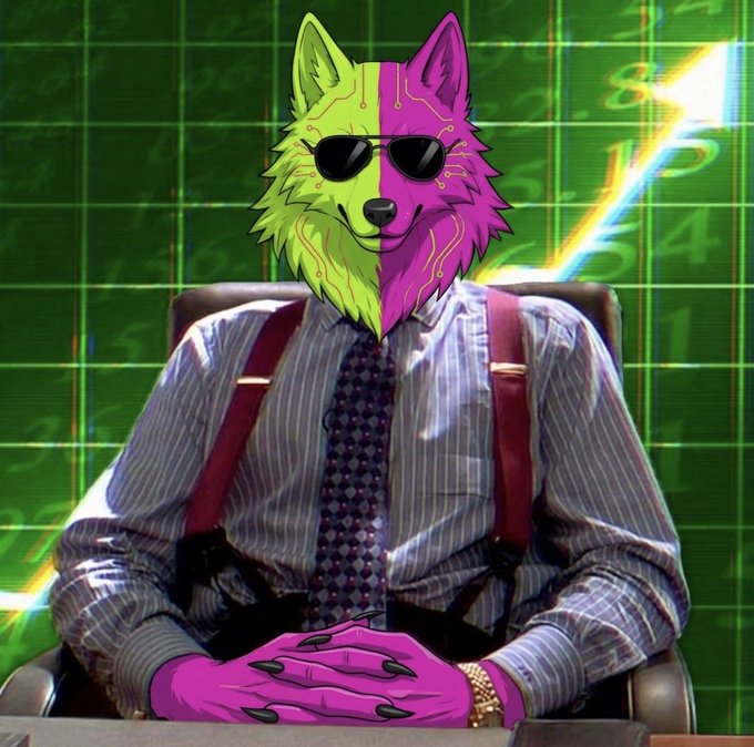 Stylized image of a Wolf of Wall Street-style character wearing a green and purple cyberpunk wolf mask, sunglasses, dress shirt, tie, and suspenders, seated in a chair against a green graph background.