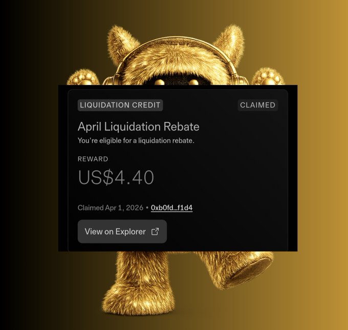 A gold furry creature wearing headphones is partially obscured by a pop-up box displaying a "LIQUIDATION CREDIT" for an "April Liquidation Rebate" reward of US$4.40, marked as "CLAIMED" on Apr 1, 2026.