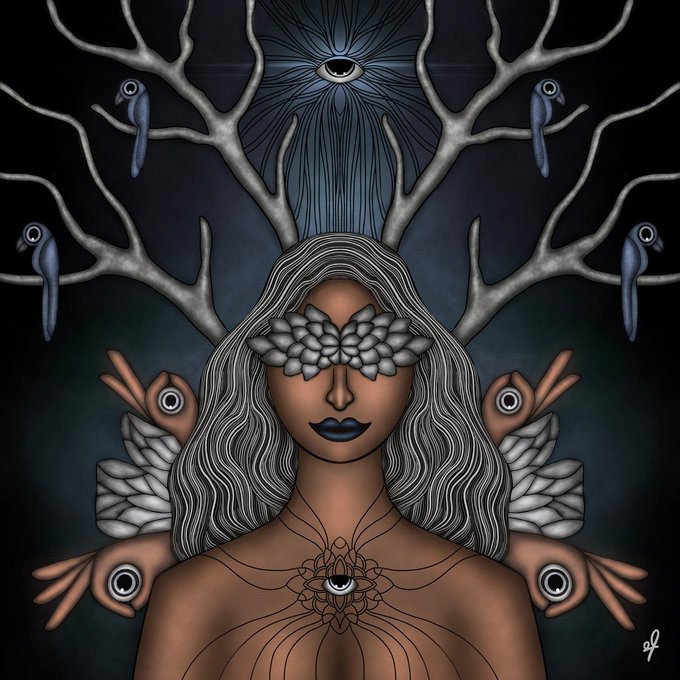 A surreal digital artwork depicting a woman with flowing white hair, antlers, and eye motifs throughout the composition, set against a dark background.