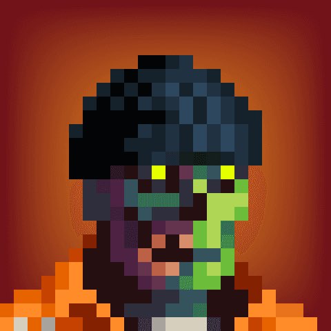 A highly pixelated, abstract portrait of a person with dark skin, green highlights, and an orange shirt against a red background.