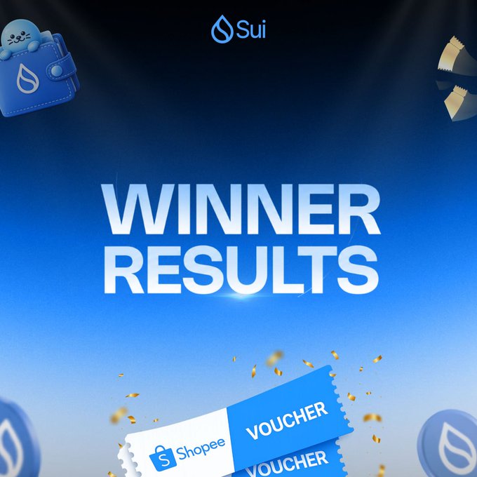 A blue promotional graphic with the 'Sui' logo displaying 'WINNER RESULTS' above Shopee voucher tickets and falling gold confetti.