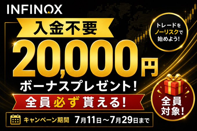 The image is a promotional banner for INFINOX advertising a no-deposit-required 20,000 yen bonus campaign, with details showing it's open to everyone and runs from July 11 to July 29. The accompanying post encourages followers to take advantage of this risk-free bonus offer to open an INFINOX account and grow their trading capital.
